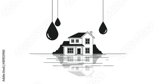 Black and white illustration of a house with dripping oil or water against a white background.