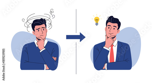 Man goes from confusion and doubt to clarity and inspiration with a bright idea.