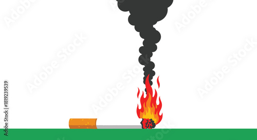 A lit cigarette burning intensely with dark smoke rising against a white background.