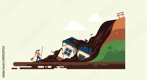 A person with a shovel and broom attempts to clean up mud after a landslide engulfs a house.