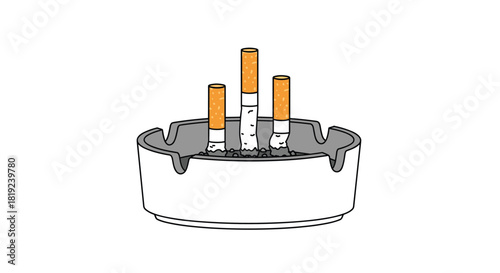 Three cigarette butts stand upright in a white ceramic ashtray filled with ash.