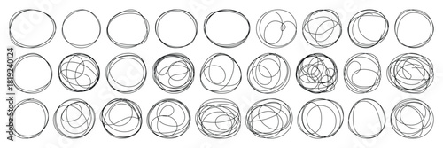 Pencil hand drawn crayon outline ovals or ellipses set. Highlight oval rough sketch circle emphasis elements. Vector marker circular lines. Messy circular vector image. Abstract scribble Round Line.