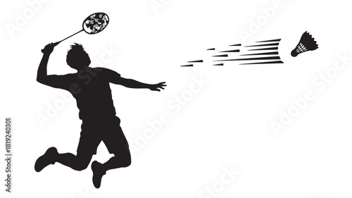 Dynamic silhouette of badminton player smashing shuttlecock with powerful jump shot, conveying athleticism and competitive spirit, perfect for sports brand campaign