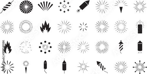 Many different shapes and patterns of fireworks and firecrackers are displayed in black shapes