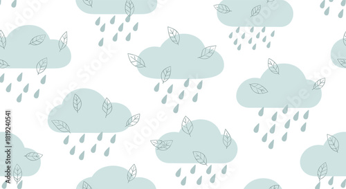 Seamless pattern of light blue clouds with falling raindrops and small leaves.