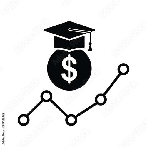 Graduation cap on dollar coin with upward trending graph education money