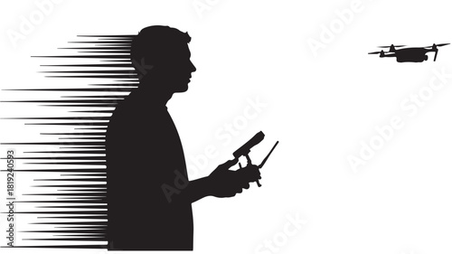 Dynamic silhouette of a man piloting a drone, perfect for tech startups or modern aerial photography services looking for a fresh, impactful visual, showcasing innovation and precision