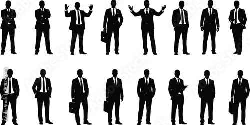 Set of businessmen silhouettes, corporate male figures, vector collection, standing poses in suits, office manager, professional team, isolated illustration.