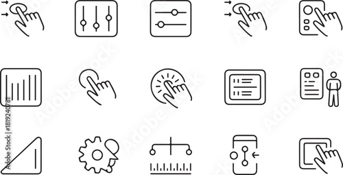 Outline icons show a hand interacting with interface elements in a transparent background