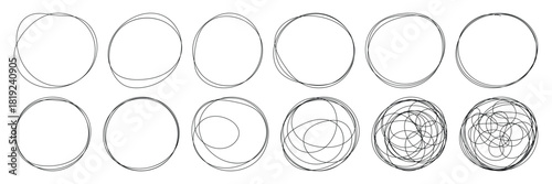 Pencil hand drawn crayon outline ovals or ellipses set. Highlight oval rough sketch circle emphasis elements. Vector marker circular lines. Messy circular vector image. Abstract scribble Round Line.