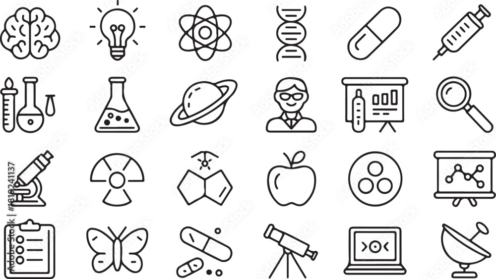 Fototapeta premium Science related icon set with telescope, laptop, brain, lightbulb, and pills represents research