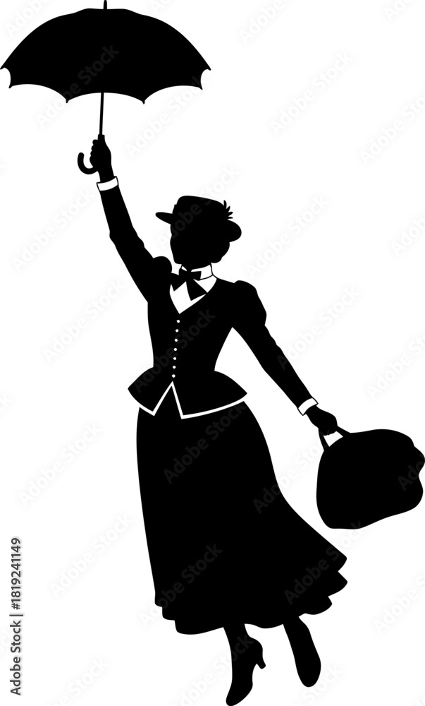 Naklejka premium Mary Poppins Silhouette,Mary Poppins silhouette flying with umbrella, whimsical imagination
