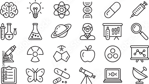 Science related icon set with telescope, laptop, brain, lightbulb, and pills represents research