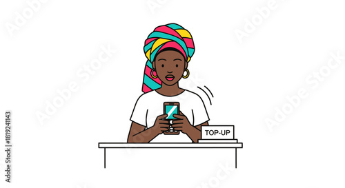 African woman in a colorful headwrap surprised by a smartphone notification.