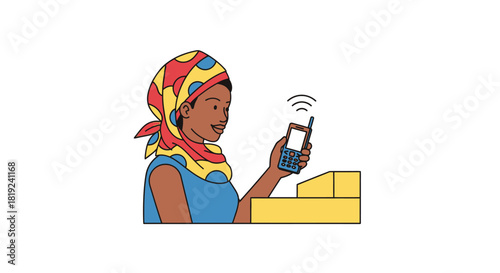 African woman using an old mobile phone for communication.