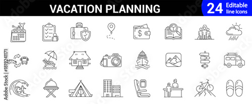 Vacation planning line icons collection. 24 Editable outline airplane, trip, building, schedule, map, adventure and more. Travel related icons. Vector illustration