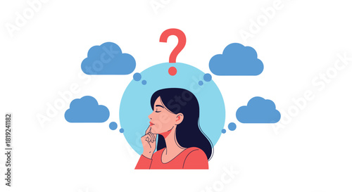Woman thinking with clouds and a question mark above her head.