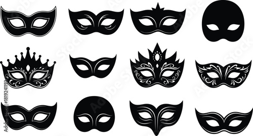 Set of carnival mask silhouettes, black masquerade party accessories, venetian disguise vector icons, mardi gras festival costume collection, isolated illustration.