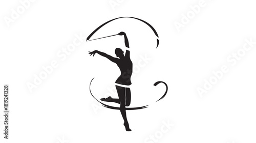 Dynamic rhythmic gymnast silhouette with ribbon in graceful pose for sports branding, fitness campaigns, and promoting athletic skill, strength, balance, and flexibility