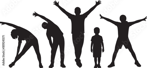 Silhouetted family of adults and a child are stretching with arms raised on white