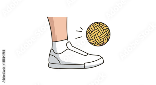 Close up of a person playing Sepak Takraw sport with a woven ball.