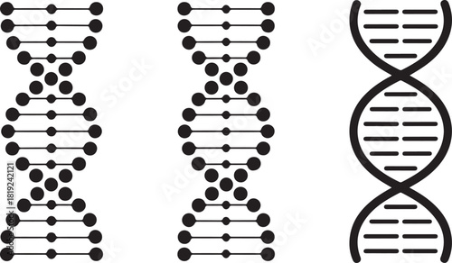 Three variations show a stylized double helix DNA molecule in black against white