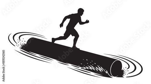 Dynamic silhouette of a man running on a log, embodying balance and athleticism, perfect for fitness campaigns or adventure sports branding, capturing speed and motion with a minimalist design