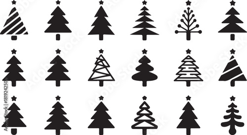 Various black Christmas tree icons with star toppers create festive pattern over white