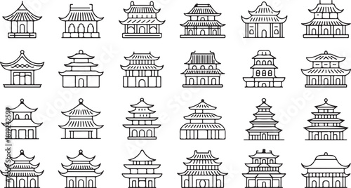 Various Chinese pavilions are depicted in a seamless pattern utilizing only black lines on white