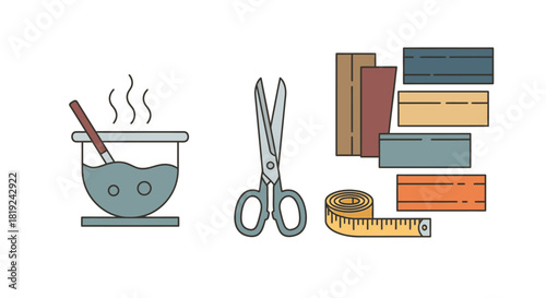 Crafting essentials - boiling pot, scissors, fabric, and measuring tape.