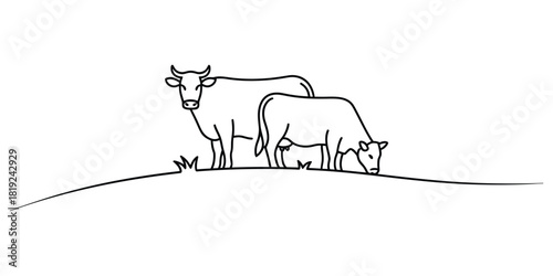 Simple line drawing of two cows, one standing, one grazing.