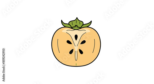 Cross Section of a Ripe Persimmon Fruit with Seeds and Pulp.