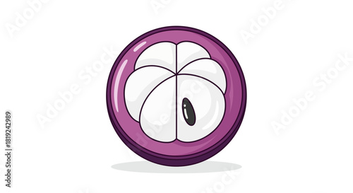 Cross-Section of a Mangosteen Fruit with White Segments and a Seed.