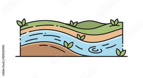 Cross-Section of Earth with River and Vegetation Illustration.