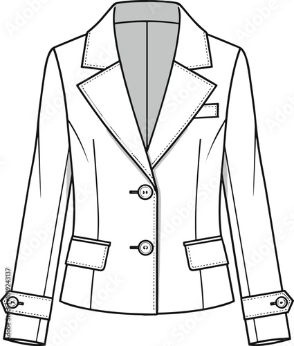 Elegant women’s tailored blazer jacket front view fashion flat sketch with lapel collar, buttons, pockets, detailed stitching