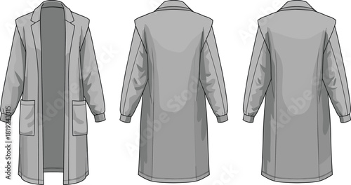 Long overcoat fashion illustration showing front and back views with pockets and collar design for apparel templates and digital use