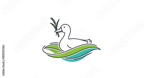 Elegant duck holding plant in its beak resting on water waves.