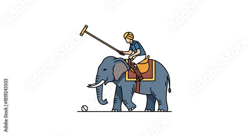 Elephant Polo Player Riding an Elephant with a Mallet.