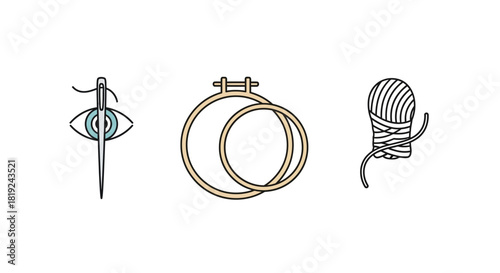 Embroidery Icons - Needle, Hoop, and Yarn Ball for Crafting.