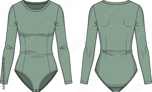 Long sleeve crew neck bodysuit illustration with fitted silhouette, snap closure, subtle stitching details shown in front and back views