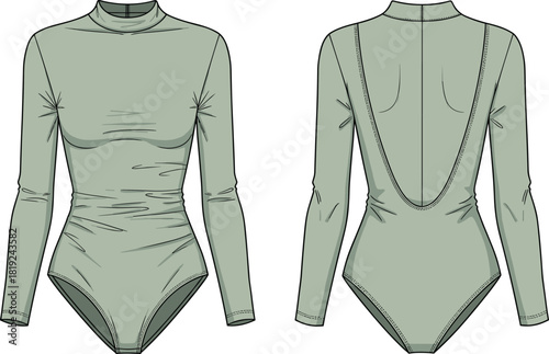 Long sleeve mock neck bodysuit fashion flat, technical garment sketch with open back design, apparel vector illustration template