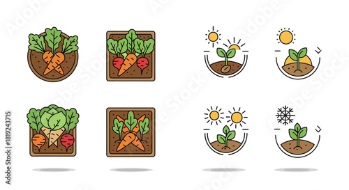 Garden vegetable icons representing growth and seasonal changes.