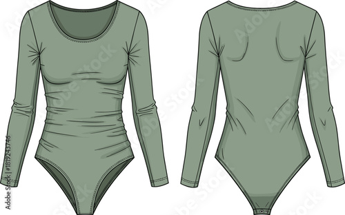 Long sleeve scoop neck bodysuit illustration featuring natural wrinkle shading, fitted silhouette, snap closure and front back technical views