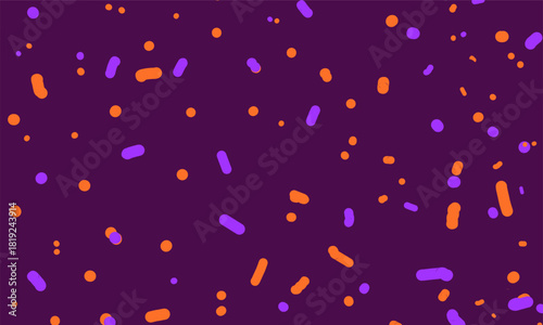 A minimalist handdrawn pattern featuring colorful dots and short lines scattered on a dark purple background. Perfect for backgrounds, textiles, or any design needing a playful touch.