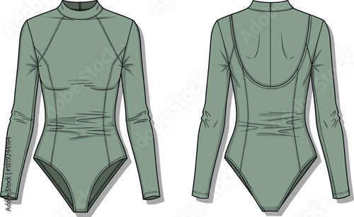 Mock neck long sleeve bodysuit illustration with contour seams, low scoop back, fitted silhouette, technical flat fashion design