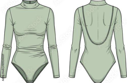 Mock neck long sleeve bodysuit illustration with dramatic open back design, snap closure and fitted silhouette for fashion templates