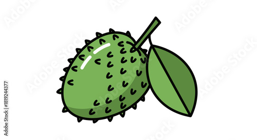 Green Soursop Fruit with Leaf Illustration.