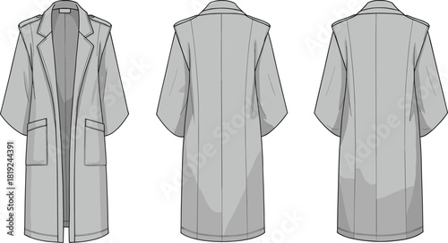 Short sleeve overcoat illustration with lapel collar and pocket details shown in front and back technical fashion views