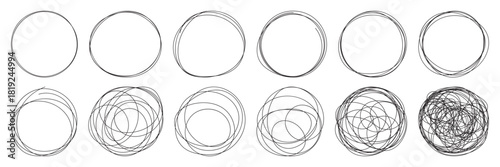 Messy round scribble circle. Charcoal pen round ovals. Hand drawn doodle grunge circle highlights. Ellipses pencil doodle style set. 
