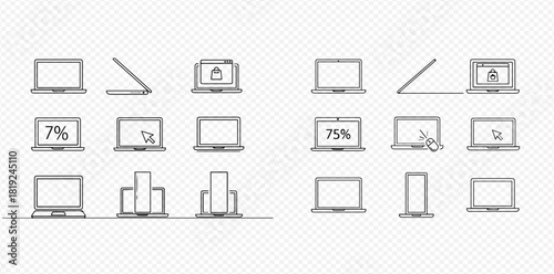 Collection of minimalist laptop line icons showing various states and views.
